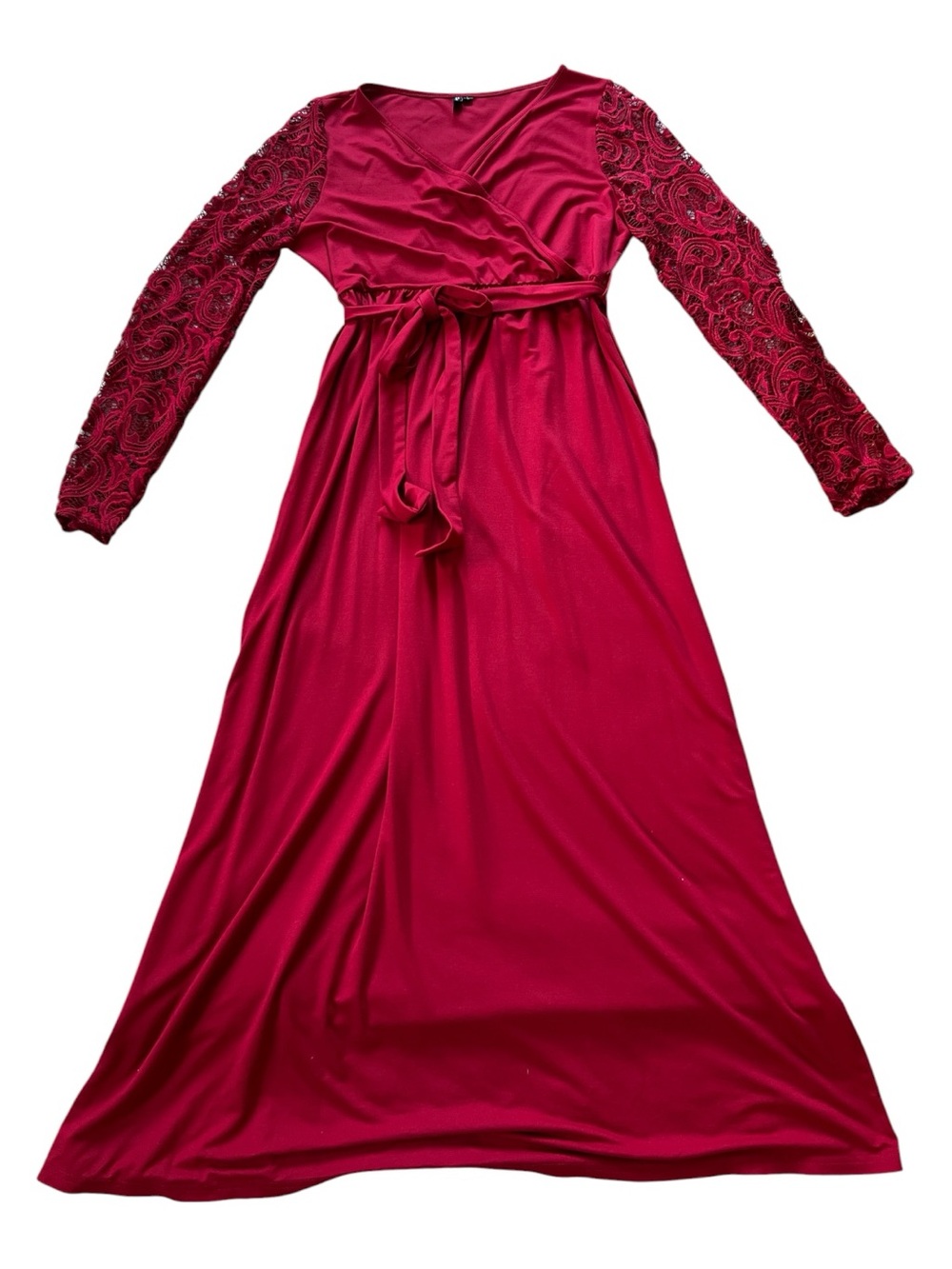 Zattcas Front-Tie Maxi Dress with Lace Sleeves - Deep Wine